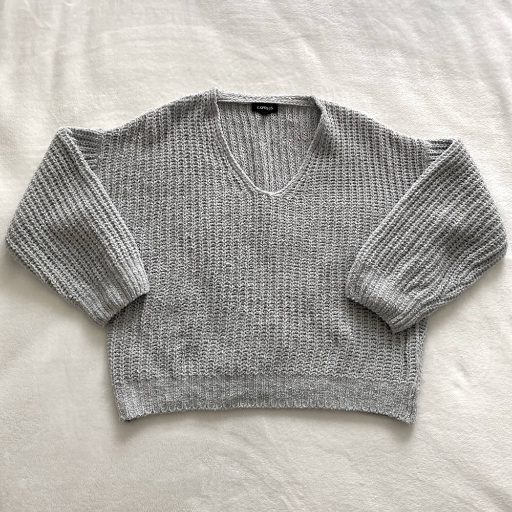 Express Chenille Soft Dolman Balloon Sleeve Open Knit V Neck Sweater Gray S